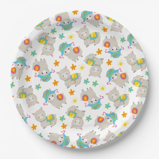 Patroon van lama's, schildlama's, alpaca's, bloeme papieren bordje (Voorkant)