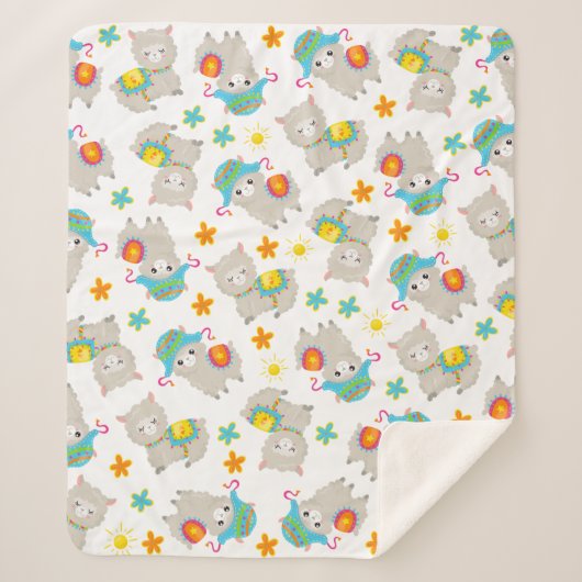 Patroon van lama's, schildlama's, alpaca's, bloeme sherpa deken (Voorkant)