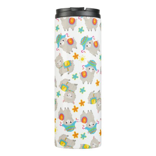 Patroon van lama's, schildlama's, alpaca's, bloeme thermosbeker (Achterkant)