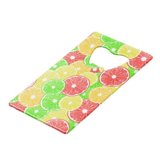 patroon van lemmetjes, sinaasappels, pompelmoezen  creditkaart flessenopener (Voorkant Gekanteld)