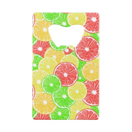 patroon van lemmetjes, sinaasappels, pompelmoezen creditkaart flessenopener (Achterkant)