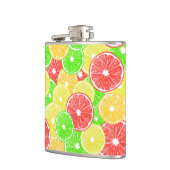 patroon van lemmetjes, sinaasappels, pompelmoezen  heupfles (Links)