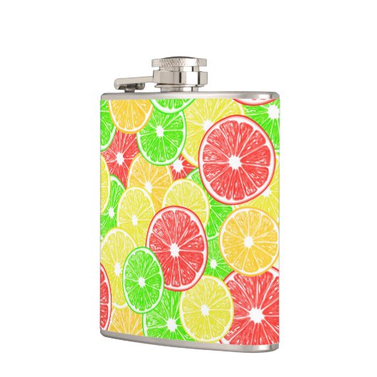 patroon van lemmetjes, sinaasappels, pompelmoezen heupfles (Links)