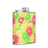 patroon van lemmetjes, sinaasappels, pompelmoezen  heupfles (Rechts)