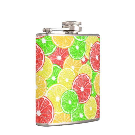 patroon van lemmetjes, sinaasappels, pompelmoezen heupfles (Rechts)