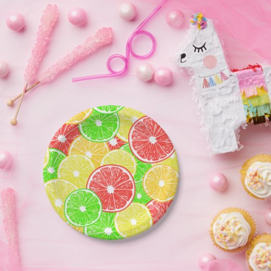 patroon van lemmetjes, sinaasappels, pompelmoezen papieren bordje (Feest)