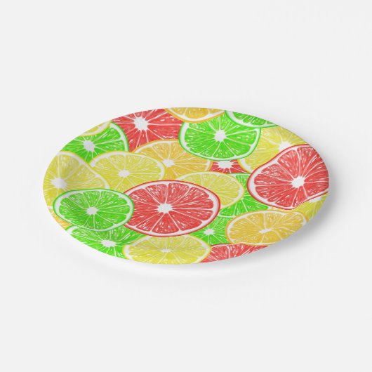 patroon van lemmetjes, sinaasappels, pompelmoezen papieren bordje (Gekanteld)
