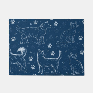 Patroon van met de hand getekende honden, katten e deurmat