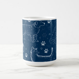 Patroon van met de hand getekende honden, katten e koffiemok