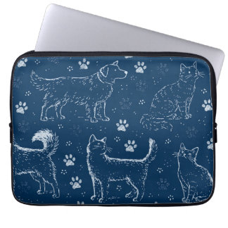 Patroon van met de hand getekende honden, katten e laptop sleeve