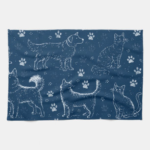 Patroon van met de hand getekende honden, katten e theedoek