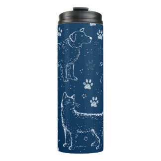 Patroon van met de hand getekende honden, katten e thermosbeker