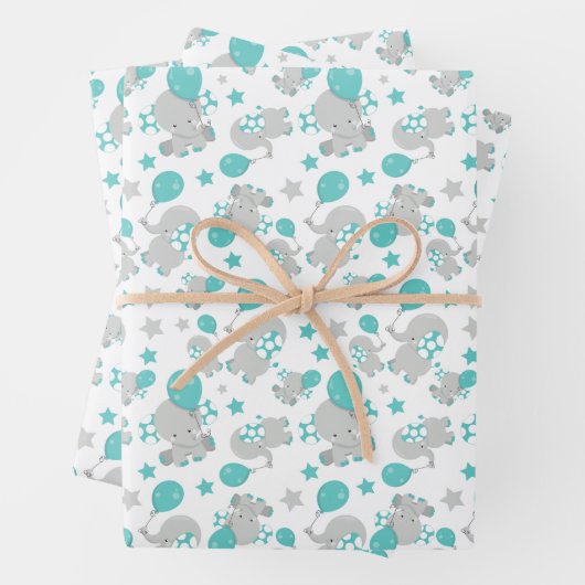 Patroon van olifanten, luifantenblauw - grijs inpakpapier vel (In situ)