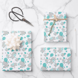 Patroon van olifanten, luifantenblauw - grijs inpakpapier vel