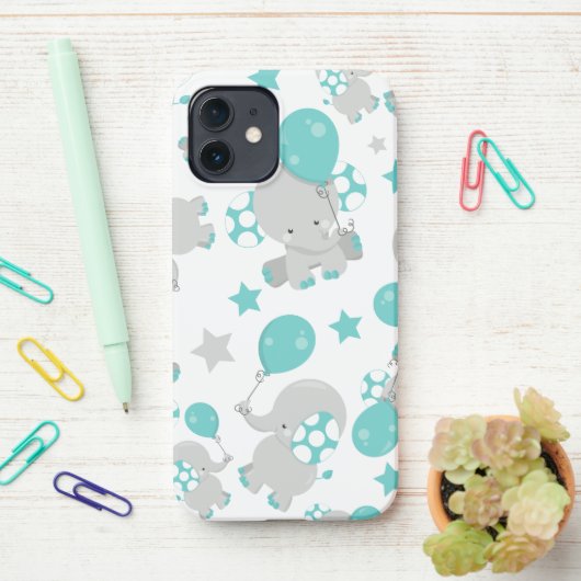 Patroon van olifanten, luifantenblauw - grijs iPhone hoesje (Op bureau)