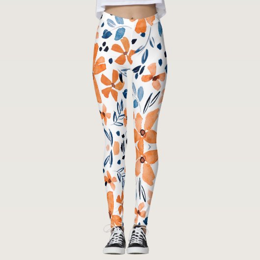 patroon van Oranje bloem en blauwe bladeren Leggings (Voorkant)