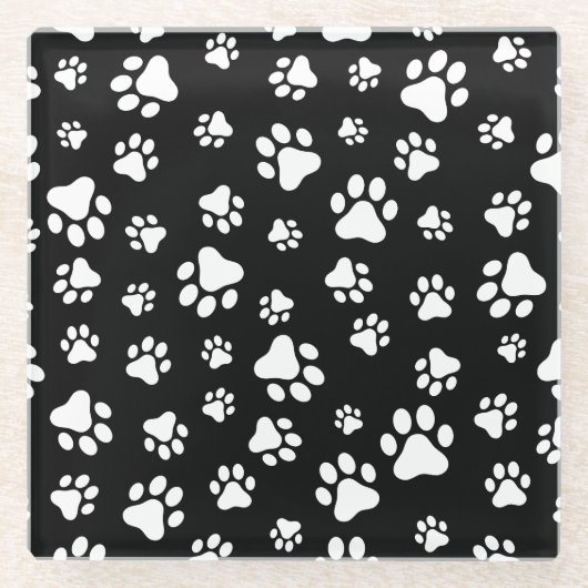 Patroon van Paws, Paw Prints, zwart en wit Glazen Onderzetter (Voorkant)