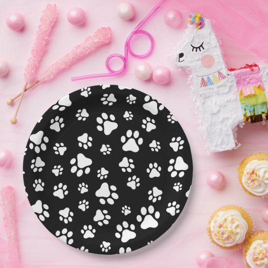 Patroon van Paws, Paw Prints, zwart en wit Papieren Bordje (Feest)