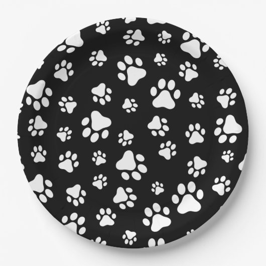 Patroon van Paws, Paw Prints, zwart en wit Papieren Bordje (Voorkant)