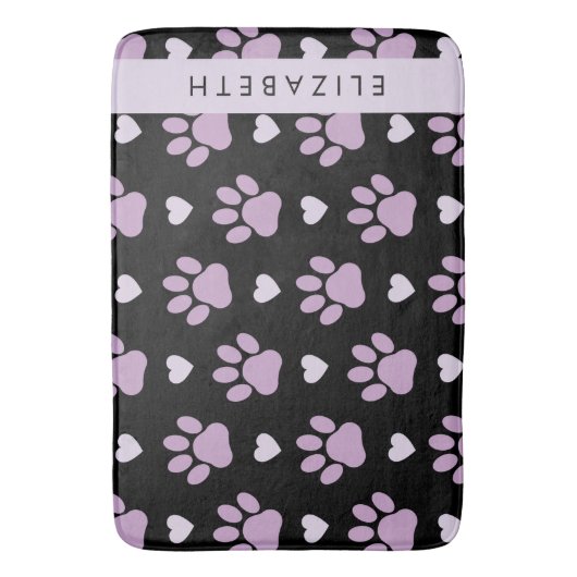 Patroon van poten, Lila poten, harten, Jouw naam Badmat (Voorkant Verticaal)