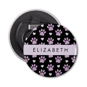 Patroon van poten, Lila poten, harten, Jouw naam Button Flesopener