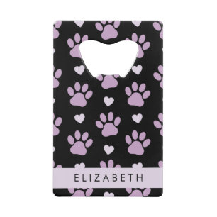 Patroon van poten, Lila poten, harten, Jouw naam Creditkaart Flessenopener