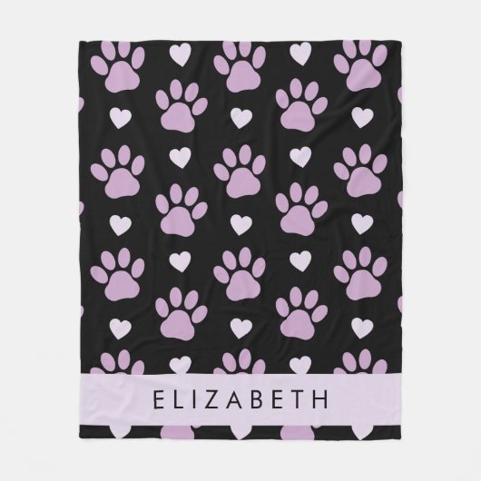 Patroon van poten, Lila poten, harten, Jouw naam Fleece Deken (Voorkant)
