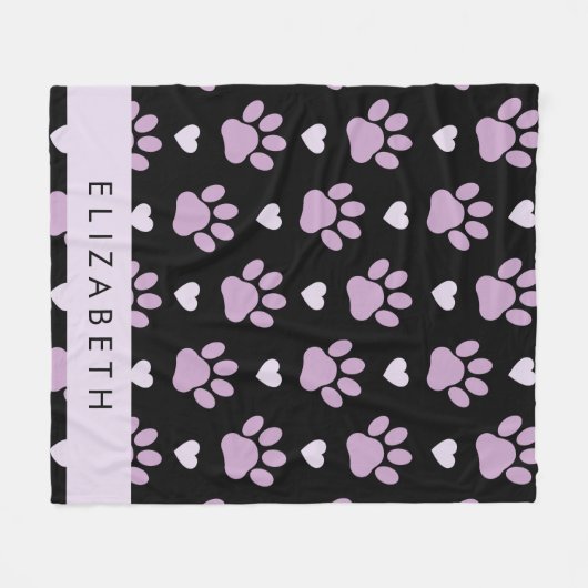 Patroon van poten, Lila poten, harten, Jouw naam Fleece Deken (Voorkant (Horizontaal))