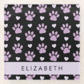 Patroon van poten, Lila poten, harten, Jouw naam Glazen Onderzetter (Voorkant)