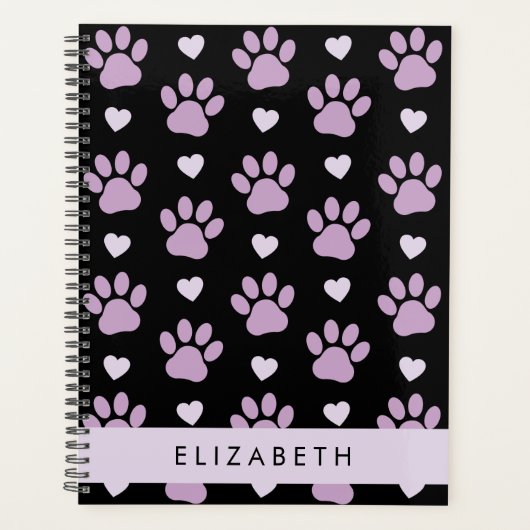 Patroon van poten, Lila poten, harten, Jouw naam Planner (Voorkant)