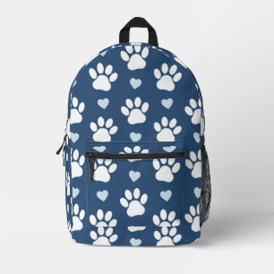 Patroon van poten, reuzenpoten, witte poten, blauw bedrukte rugzak