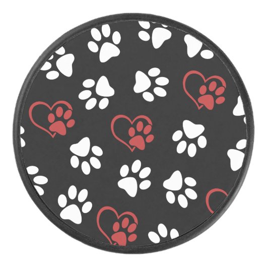 Patroon van poten, witte poten, rode poten, harten hockey puck (Voorkant)