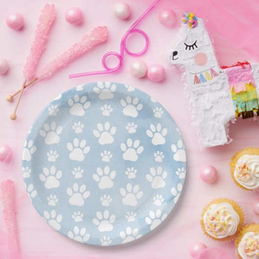 Patroon van poten, witte poten, Waterverven, blauw Papieren Bordje (Feest)