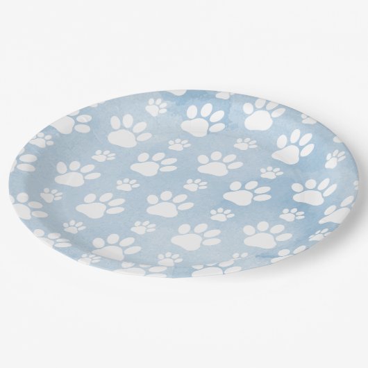 Patroon van poten, witte poten, Waterverven, blauw Papieren Bordje (Gekanteld)