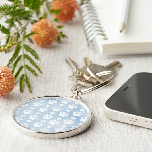 Patroon van poten, witte poten, Waterverven, blauw Sleutelhanger (Zijkant)