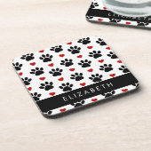 Patroon van poten, zwarte poten, rode harten, Jouw Bier Onderzetter (Linkerzijde)