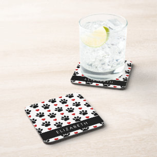 Patroon van poten, zwarte poten, rode harten, Jouw Bier Onderzetter