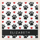 Patroon van poten, zwarte poten, rode harten, Jouw Glazen Onderzetter (Voorkant)