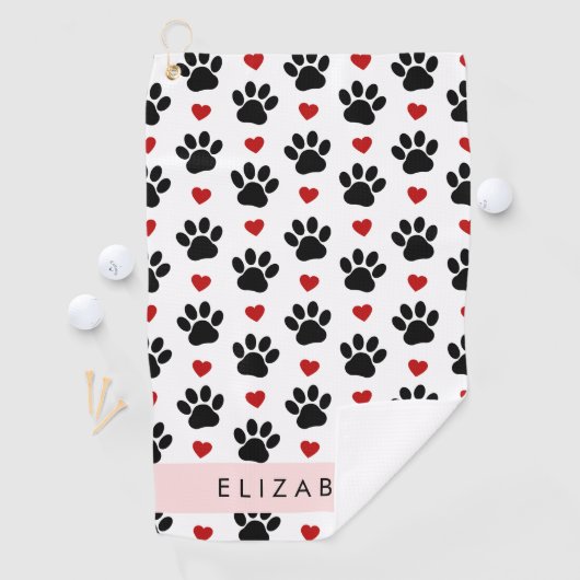 Patroon van poten, zwarte poten, rode harten, Jouw Golfhanddoek (Insitu)