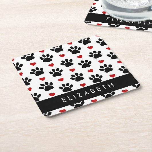 Patroon van poten, zwarte poten, rode harten, Jouw Kartonnen Onderzetters (Schuin)