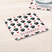 Patroon van poten, zwarte poten, rode harten, Jouw Kartonnen Onderzetters (Schuin)