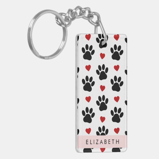Patroon van poten, zwarte poten, rode harten, Jouw Sleutelhanger (Voorkant Links)