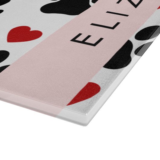 Patroon van poten, zwarte poten, rode harten, Jouw Snijplank (Hoek)