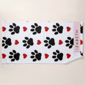 Patroon van poten, zwarte poten, rode harten, Jouw Strandlaken (Voorkant)