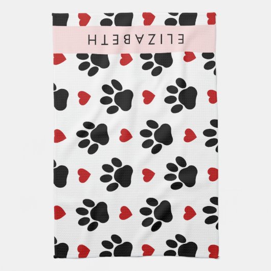 Patroon van poten, zwarte poten, rode harten, Jouw Theedoek (Verticaal)