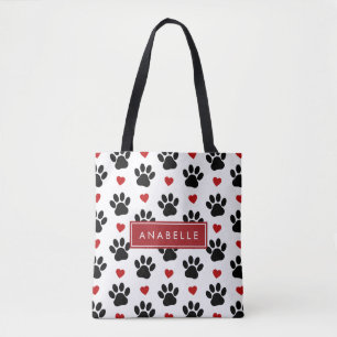 Patroon van poten, zwarte poten, rode harten, Jouw Tote Bag