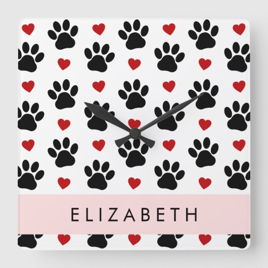 Patroon van poten, zwarte poten, rode harten, Jouw Vierkante Klok (Voorkant)