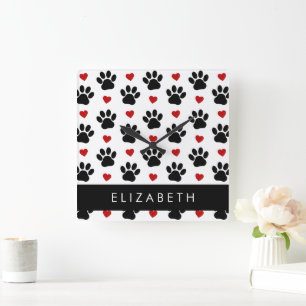 Patroon van poten, zwarte poten, rode harten, Jouw Vierkante Klok