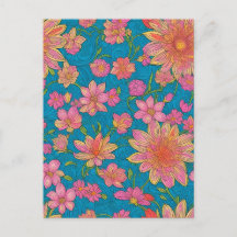 Patroon van roze bloemen op blauwe achtergrond