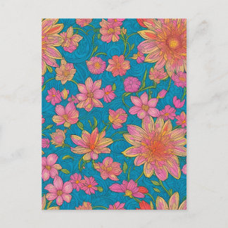Patroon van roze bloemen op blauwe achtergrond briefkaart